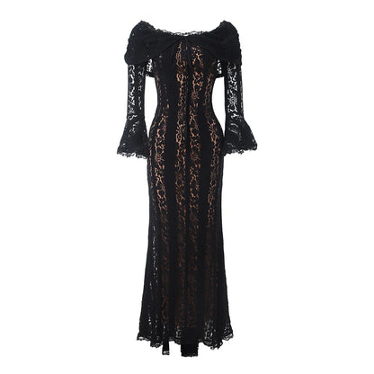 Suninheart Lace Off-shoulder Sexy Maxi Dress Women Strapless Backless Long Sleeve Bodycon Evening Club Party Long Dress Elegant