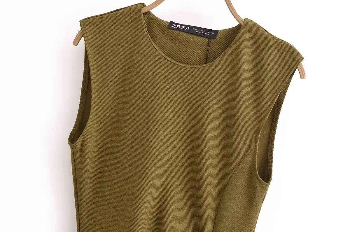 European And American Style 2025 Spring New Women's Twill Round Neck Sleeveless Simple Versatile Midi Dress