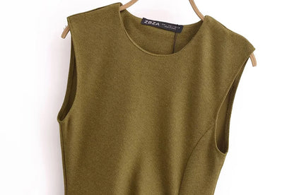 European And American Style 2025 Spring New Women's Twill Round Neck Sleeveless Simple Versatile Midi Dress
