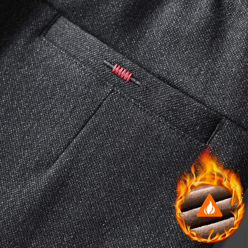 Winter Fleece Warm Brushed Fabric Men's Casual Pants Outdoors Business Thick Cotton Flocking Plush Black Grey Blue Trousers Male