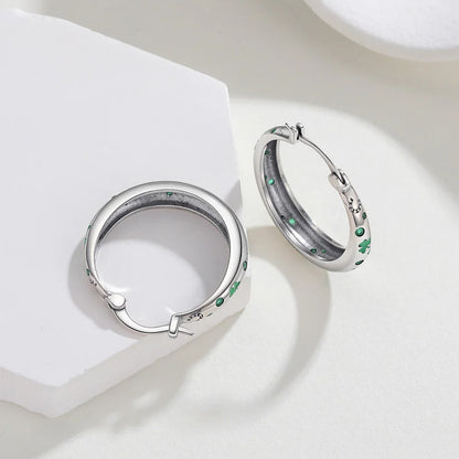 925 Sterling Silver Lucky Clover Hoop Earrings Green CZ Pave & Horseshoe Design St. Patrick's Day Earring For Women Jewelry Gift