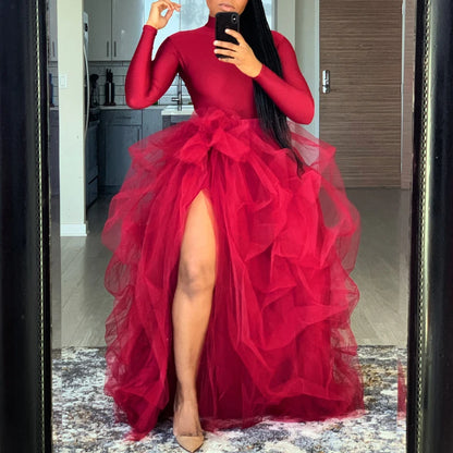 Women's Tulle Maxi Skirt Floor Length Layered High Waist Split Skirt A-Line Puffy Mesh Tutu Skirt for Elegant Lady Wedding Party