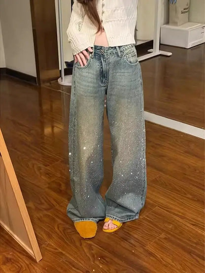 Women's Y2k Baggy Jeans Harajuku Vintage Rhinestone Denim Trousers Japanese 2000s Style Oversize Wide Jeans Long Pants Clothes