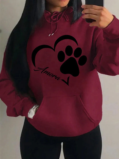 Love And Little Cat Foot Creative Print Women Hoody Fashion Autumn Sweatshirt Pocket Hoodie Sport Style Comfortable Pullover