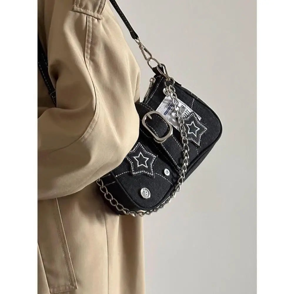 Fashion Women's Handbags Denim Stars Pattern Cool Girls Y2K  Underarm Bag Canvas Female Small Shoulder Bags Chain Tote Bag