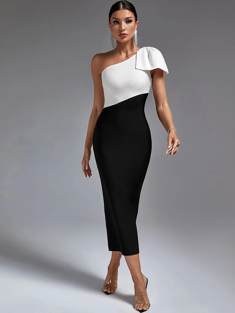 Long Bandage Dress Women One Shoulder Party Dress Maxi Bodycon Elegant Color Block Sexy Birthday Evening Club Outfit Summer 2023