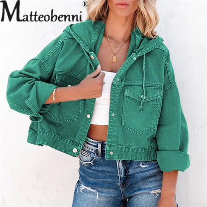 Autumn Winter Drawstring Hooded Denim Jackets Women Loose Long Sleeve Outerwear Female Single-breasted Splice Pocket Short Coats