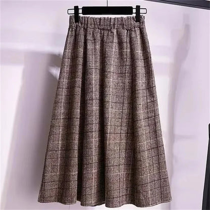 Large Size Women's Autumn Winter Elastic Waist A-line Skirt Woman Skirts Faldas Jupe Korean Retro Plaid Mid-Long Skirts Size 4XL