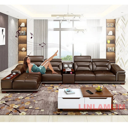 Modern L-Shaped Genuine Leather Sectional Sofa with Chaise Lounge, Adjustable Headrests, USB, Bluetooth Speaker & Cup Holder