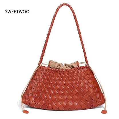 Women's Woven Shoulder Bag Soft Leather Tote Bag with Drawstring Inner Bag 2-In-1 Bucket Bag for Daily Commute Handbag