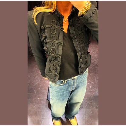 Vintage Cropped Napoleon Jacket Women Solid O-neck Long Sleeve Single Breasted Jackets Female 2026 Spring Lady Chic Outwear New