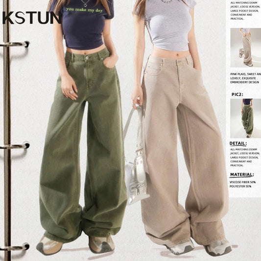 KSTUN Women's Jeans Green Wide Leg Denim Pants High Waist Straight Loose Streetwear Fashion Woman Khaki Jeans Female Baggy Pants
