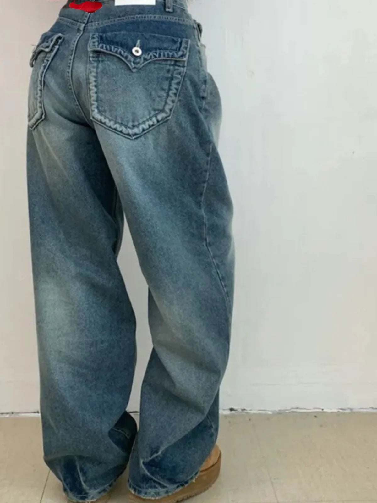 Retro Hong Kong Sle Women's Denim Jeans with ket Design Loose Wide Leg Pants Faionable Casual Long Trousers