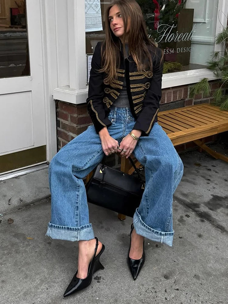 Fashion Chic Napoleon Cropped Jacket Women O-neck Long Sleeve Black Short Coats 2026 Spring Elegant Lady Commute Outerwear