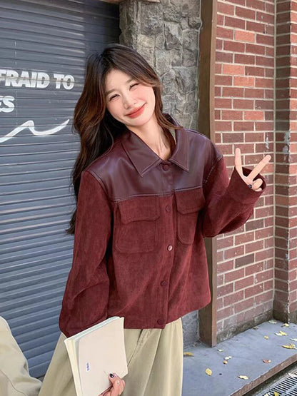 Jmprs Retro Streetwear Jackets Women Pu Patchwork American Coat Fall Winter Long Sleeve Harajuku Vintage Bf Burgundy Casual Tops