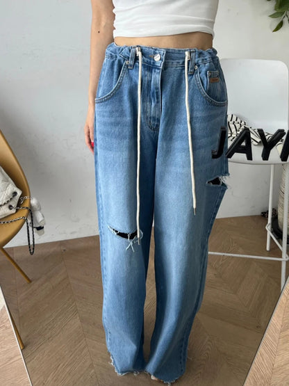Loose Wide Leg Jeans Women's High Waist Straight Leg Long Pants Torn Design Versatile Casual Spring Faion Blue Denim