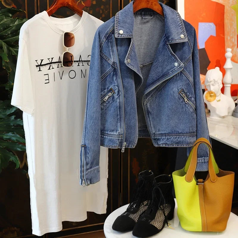 Spring Autumn Women Denim Jacket Casual Lady Moto Biker Coat Vintage Lapel Zipper Jacket