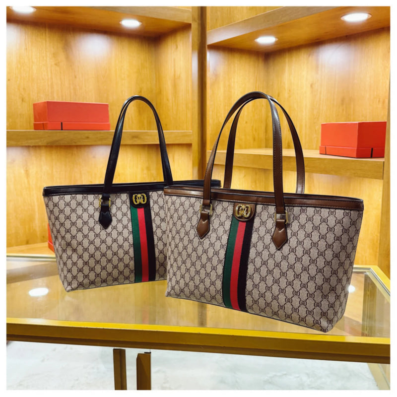 Fashionable Luxury Coffee Colored Floral Handbag with Red and Green Striped Design, Soft Leather, Large Capacity Underarm Bag