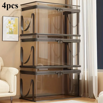 2-Pack Large Transparent Storage Boxes, Foldable and Space-Saving, with Flip Lids, Large Rectangular Organizing Boxes with Front and Lid, Space-Saving Design Suitable for Books, Clothes, Office, Home, Travel, Durable Plastic
