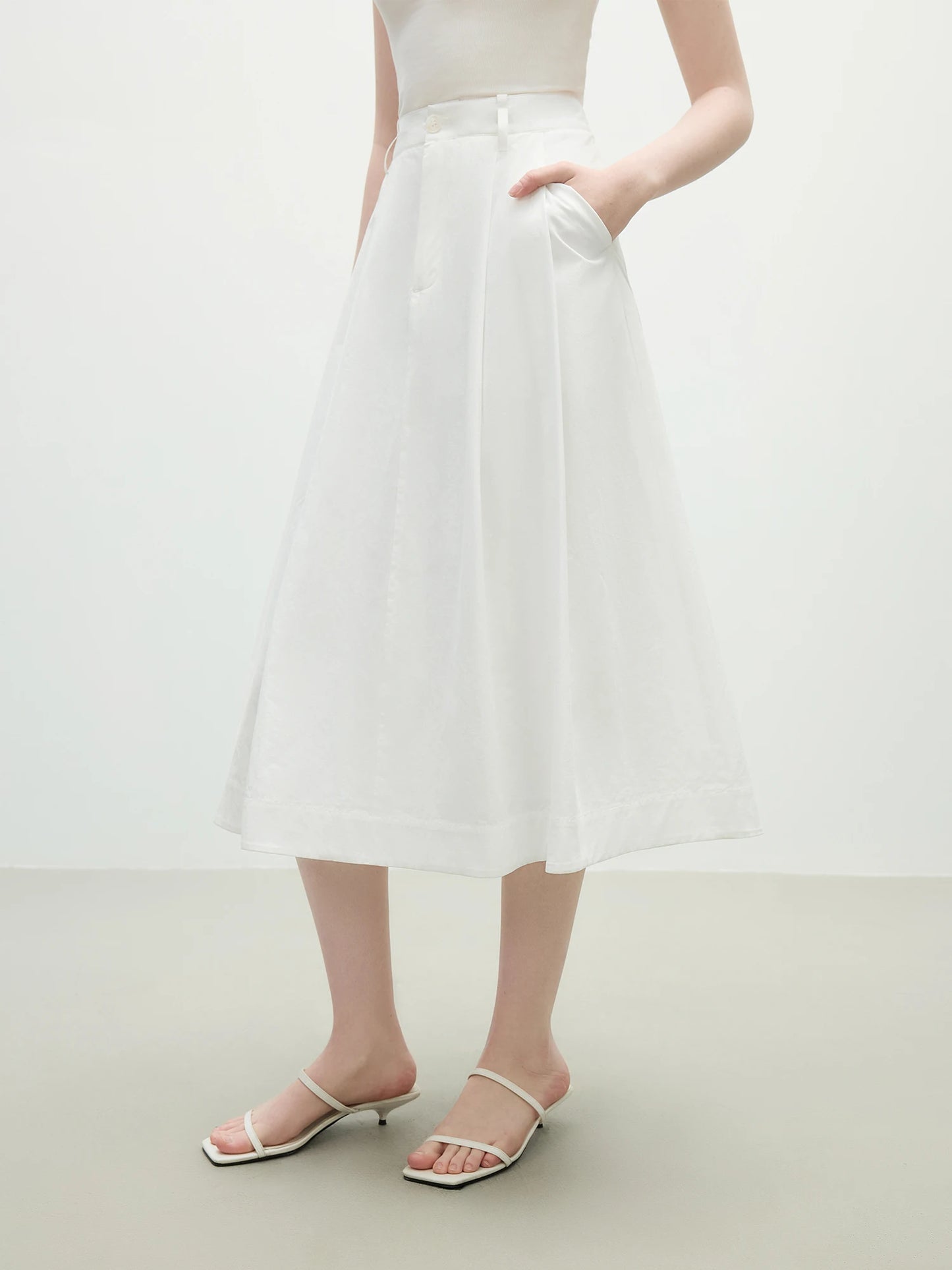 FSLE 2025 Summer French High Waist A-Line Skirt - Office Chic Ivory Midi with Adjustable Waist & Hidden Pockets 25FS12197