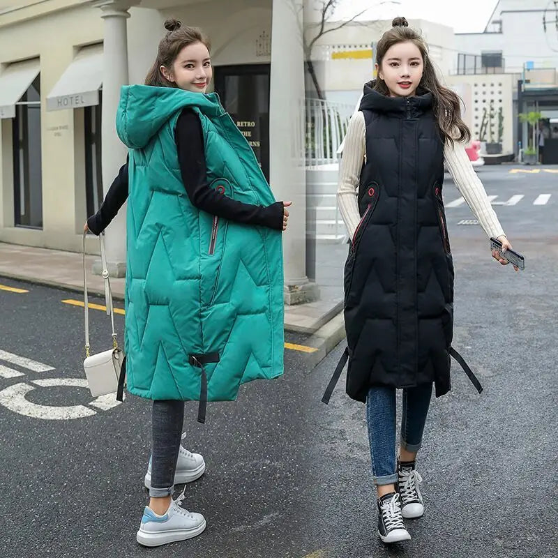 2025 Oversized Cotton Vests Sleeveless Coat Women Autumn Winter Hooded Waistcoat Puffer Parkas Long Warm Down Cotton Outwear