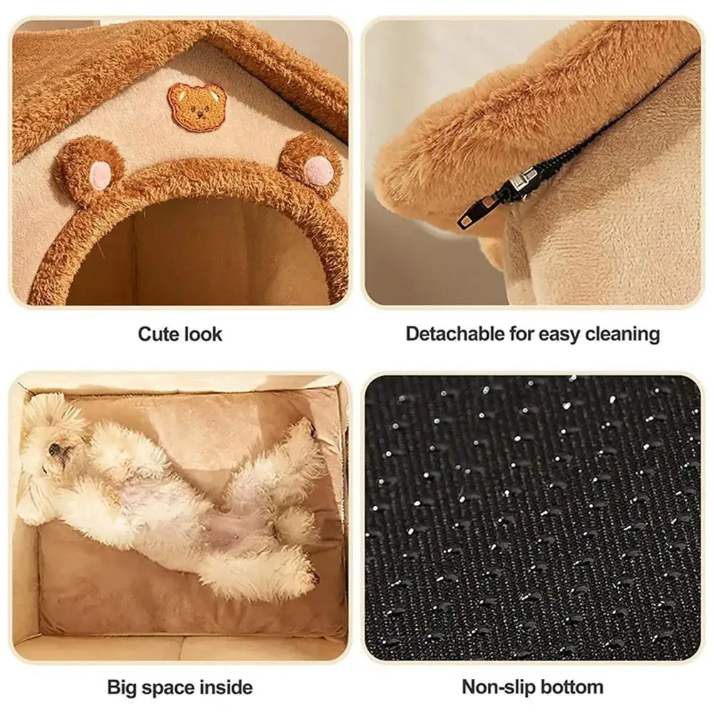 4-Season Universal Pet Bed House, Removable & Washable Plush Warm Dog Cat Cave, Cozy Enclosed Kennel Nest for Small & Medium Dog
