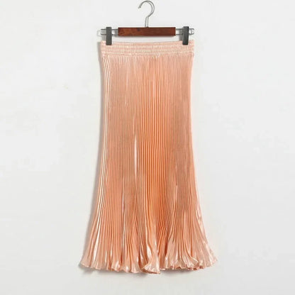Women's Fashion Pleated Mermaid Long Skirt Korean Style Casual High Waist Satin Flowy Skirts Shiny 19 Colors 2024 Spring SK500