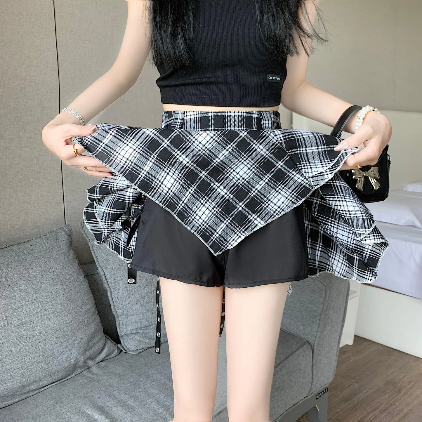 Red Plaid Irregular Short Skirts For Women Summer 2024 Fashion Ins Y2k Harajuku Style Ball Gown High Waist Mini Sexy Skirt Girls