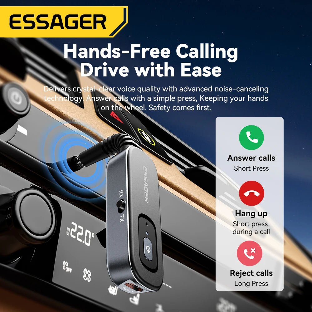 Essager 2-in-1 Bluetooth Audio Receiver Transmitter Wireless Bluetooth 5.1 3.5mm AUX Audio Adapter Stereo for Earphones TV Car
