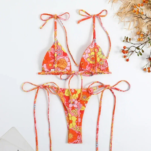 Sexy Flower Print Bikini 3 Women Swimsuit Female Swimwear Thong Bikinis Set Brazilian Halter Beach Wear  Bathing Suit