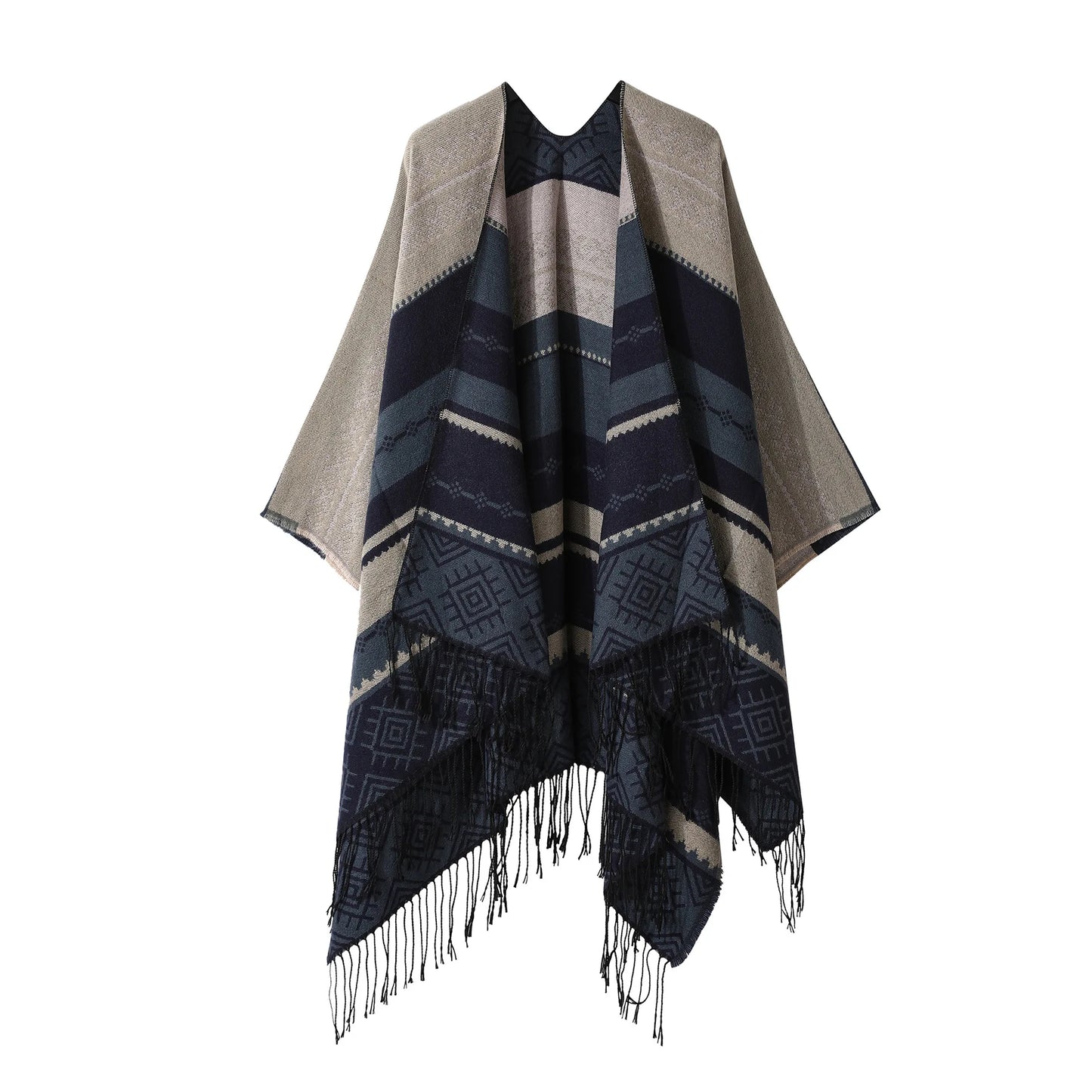 Poncho New Split Warm Shawl Vintage Ethnic Style Scarf Imitation Cashmere Tassel Women Cape Lady Cloak Warm Coat Khaki