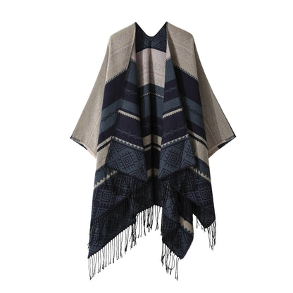 Poncho New Split Warm Shawl Vintage Ethnic Style Scarf Imitation Cashmere Tassel Women Cape Lady Cloak Warm Coat Khaki