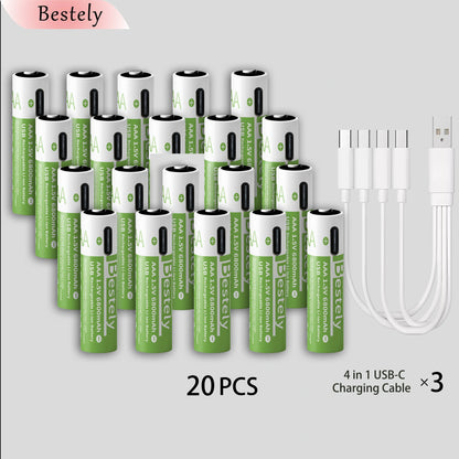 2026 Hot Rechargeable Battery Lithium-ion 1.5V AA1200mAh Rechargeable Battery 1.5V AAA6800mAh Battery with USB-C Cables