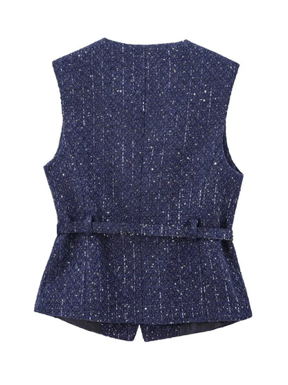 Women's Tweed Waistcoat with Belt, O Neck, Sleeveless, Front Button, Female Outerwear, Chic Tops, Fashion Vest Women