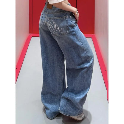Women's Harajuku Full Length Baggy Emo Denim Trouser 2025 Summer High Waist Y2K 2000s Blue Pants Casual Retro Loose Jeans