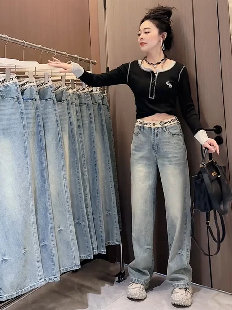 Y2K 2000s Wide Leg Baggy Denim Trouser Women's Washed Vintage Casual Pants Female High Street Retro High Waist Trashy Jeans