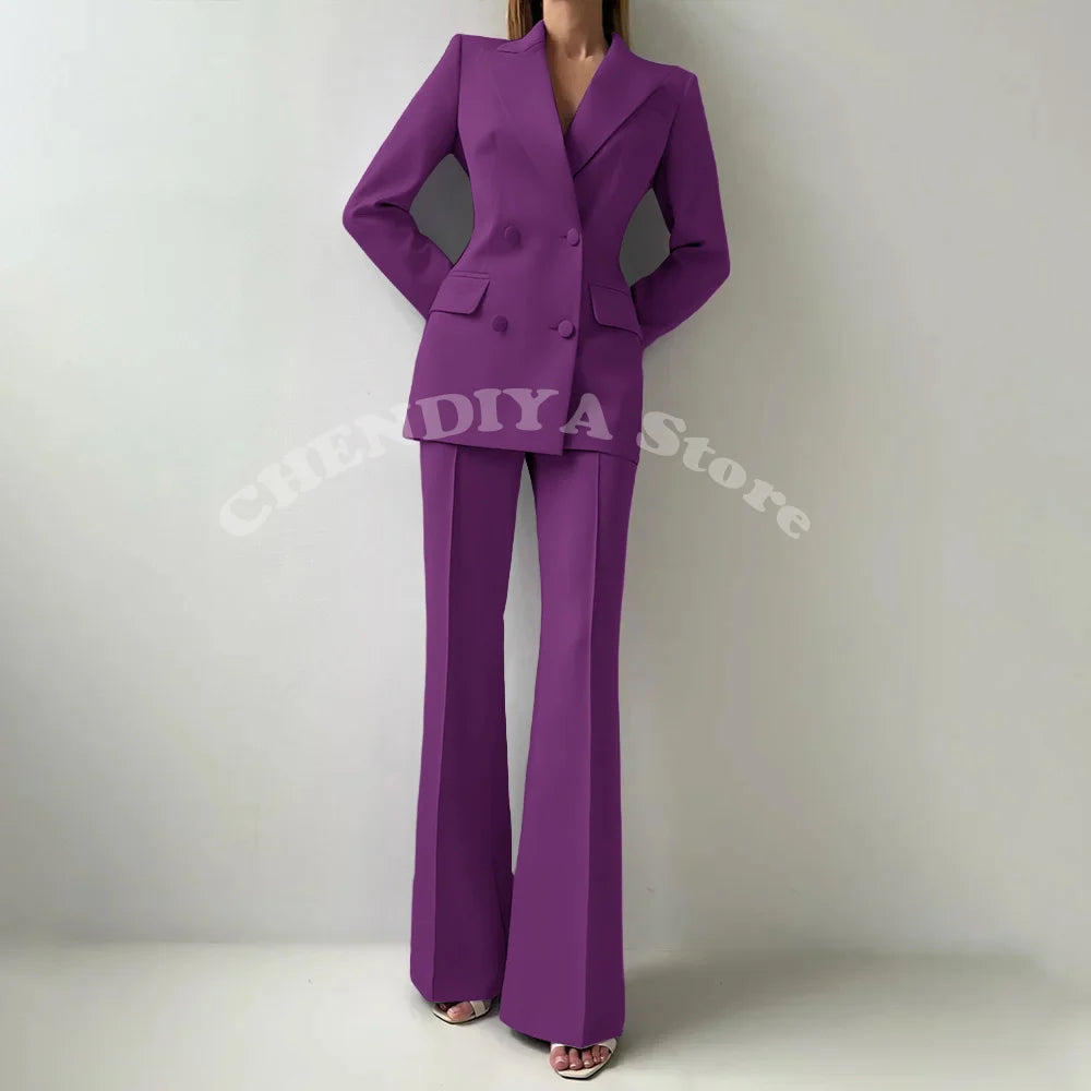 Women Suits Sets 2 Piece Elegant Peak Lapel Double Breasted Outfits Fashion Daily Casual Chic Female Suit (Jacket+Pants)
