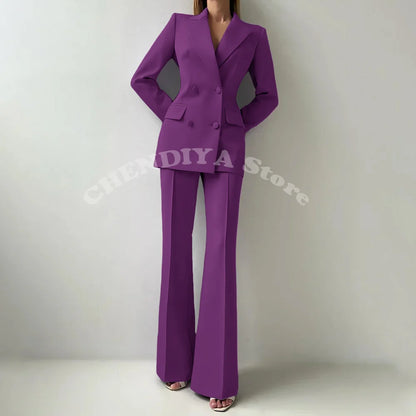 Women Suits Sets 2 Piece Elegant Peak Lapel Double Breasted Outfits Fashion Daily Casual Chic Female Suit (Jacket+Pants)