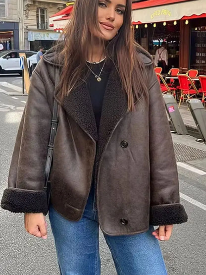 HH Winter Vintage Leather Fur Thick Warm Jackets For Women Long Sleeves Single Breasted Lapel Pockets Street Fashion Coats