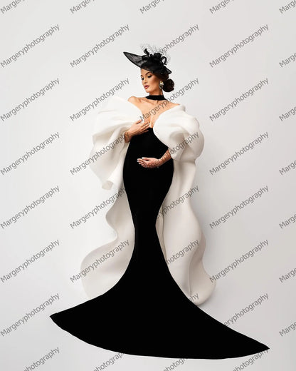 2024 Fashion Satin Mermaid Pregnancy Dress Puff Long Sleeves Elegant Ruffles Spandex Maternity Dresses For Photo-shoot