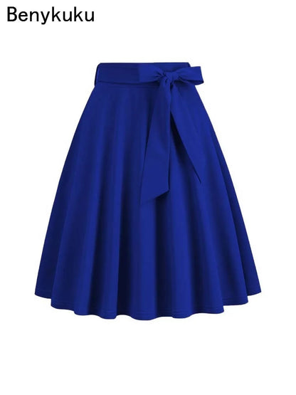 2025 Women Retro Vintage Midi Long Skirt Solid Elegant High Waist A Line Skater 50s Swing Skirts Ladies Workwear Falda Mujer