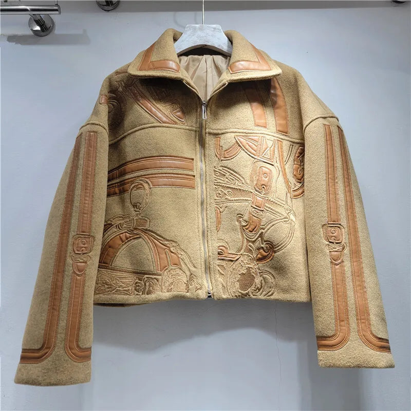 HKSH Autumn Winter New Women Short Woolen Jacket Heavy Embroidery Patchwork Contrast Color Zipper Streetwear Trendy Coat HK12891