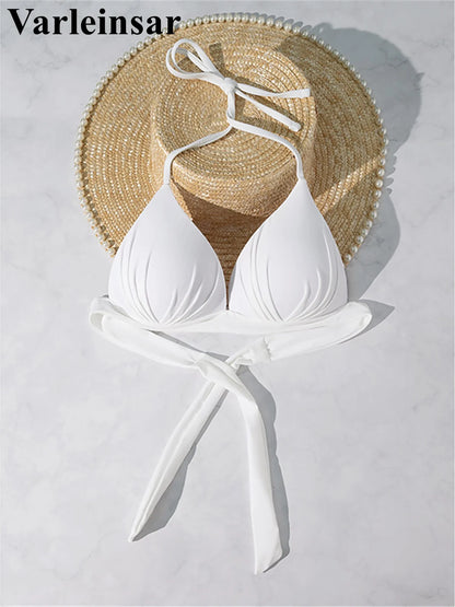 XS - XL New Sexy Push Up Bra Cup Halter Bikini Top Female Swimsuit Women Swimwear Bather Bathing Suit Swim Solid Beach Top V7019