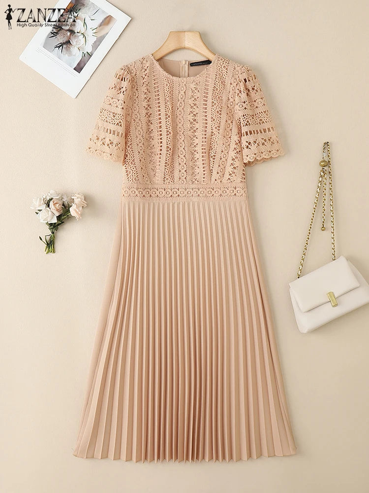 ZANZEA 2025 Summer Sundress Women Elegant Lace Patchwork Desses Stylish Short Sleeve Pleated Work Vestidos Fashion Party Dress