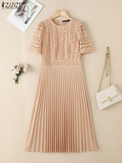 ZANZEA 2025 Summer Sundress Women Elegant Lace Patchwork Desses Stylish Short Sleeve Pleated Work Vestidos Fashion Party Dress