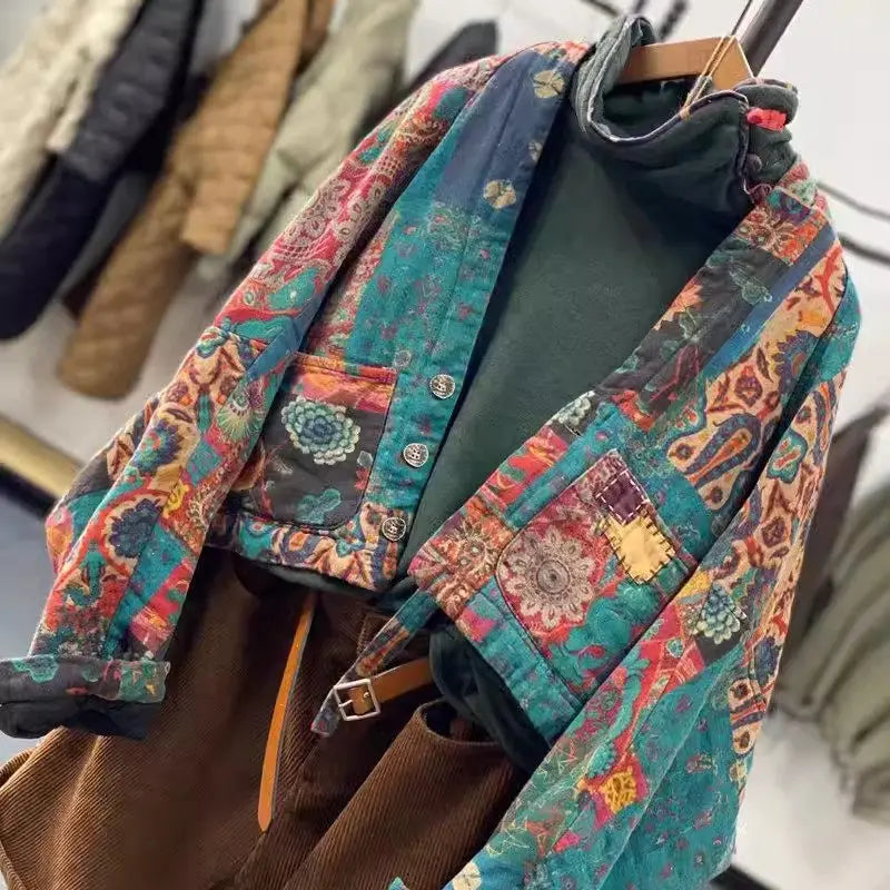 2026 Spring & Autumn Fashion Ethnic Retro Printed Cotton Jacket Women's Loose Bat Sleeves Quilted Short Coat V-Neck Top K2312