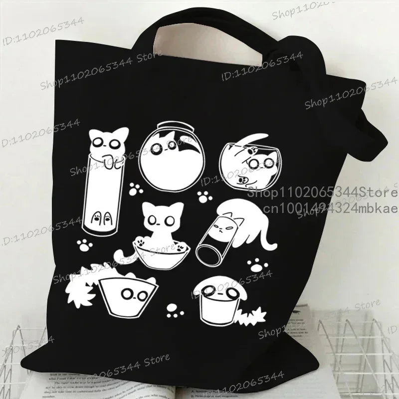 Kawaii Black Cat Graphic Handbags for Women Japanese Style Canvas Tote Bag Cartoon Fashion Shoulder Bag for Women Kitten Bag