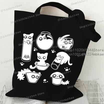 Kawaii Black Cat Graphic Handbags for Women Japanese Style Canvas Tote Bag Cartoon Fashion Shoulder Bag for Women Kitten Bag