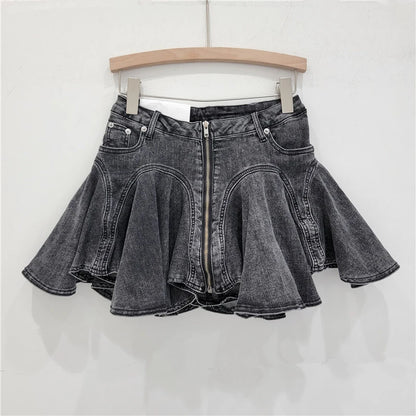 DEAT 3D Cutting Ruffled Edge Denim Skirts For Women 2024 Summer New Fashion Zipper Splicing Pleated Elastic Skirt Female 11A0198