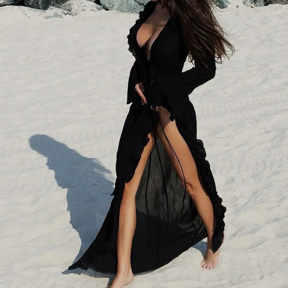 V Neck Summer Beach Cover Up Ruffled Loose Bikini Sunscreen Smock Bathing Suit Long Sleeve Swimsuit Cover Up Dress for Women